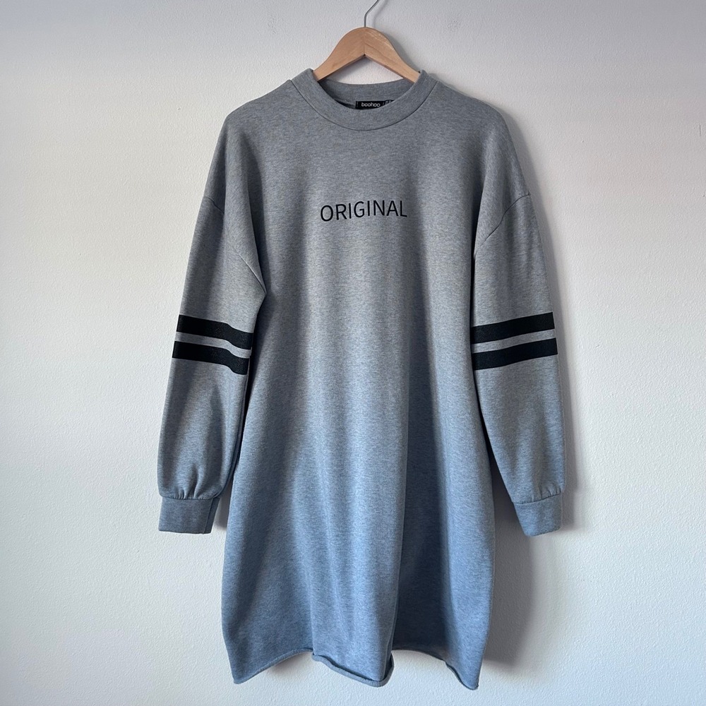 Boohoo Grey Original Sweatshirt Dress Size 14 Striped Sleeves‎ Streatwear